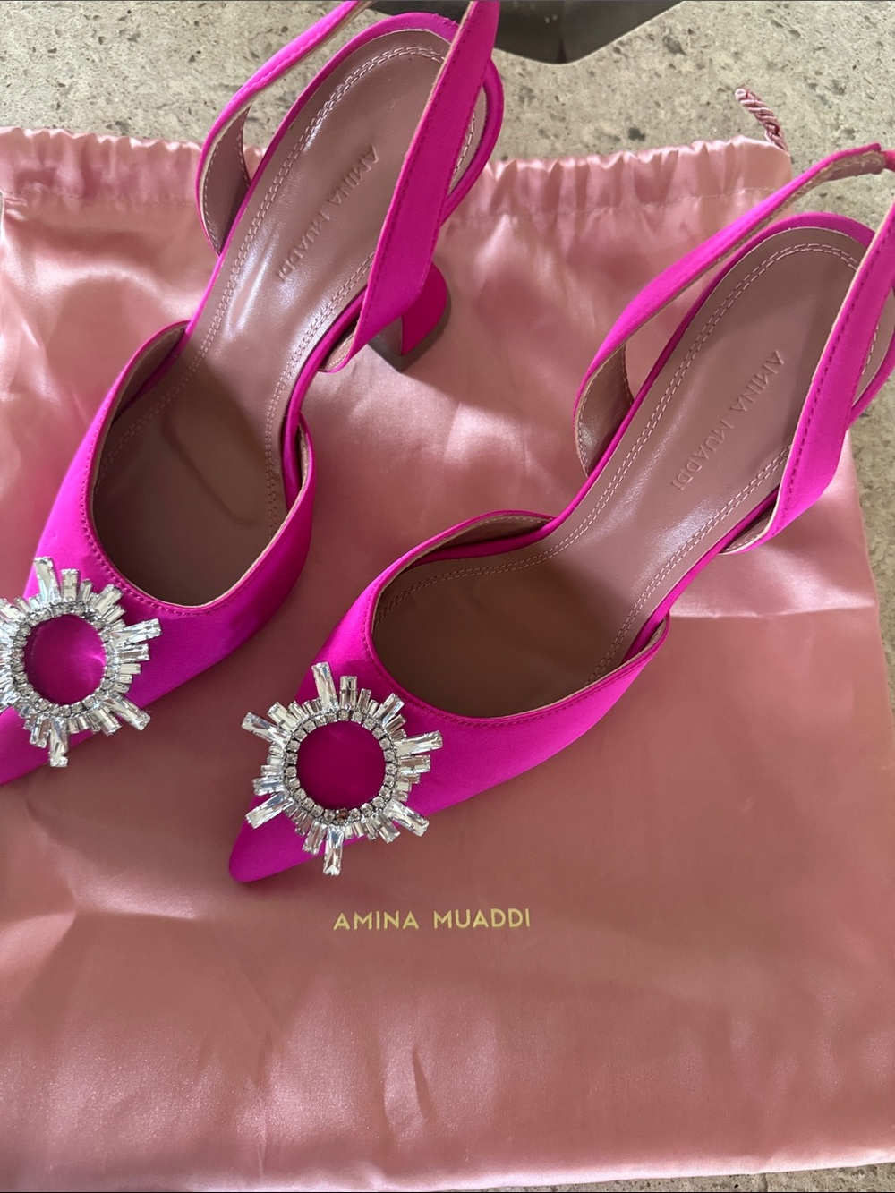 NWOT Amina Muaddi Hot Pink Slingback Pumps with Crystal Sunburst Brooch